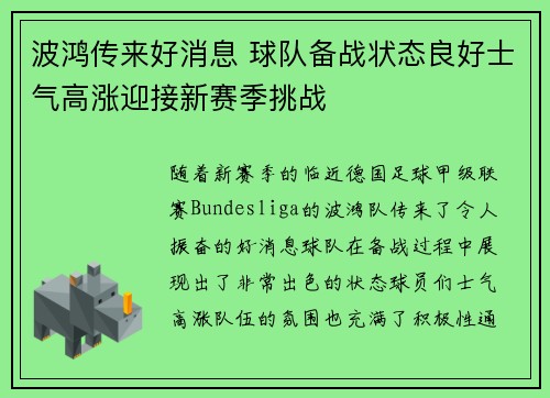 波鸿传来好消息 球队备战状态良好士气高涨迎接新赛季挑战