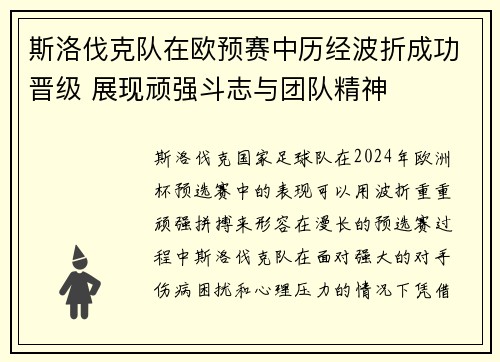 斯洛伐克队在欧预赛中历经波折成功晋级 展现顽强斗志与团队精神