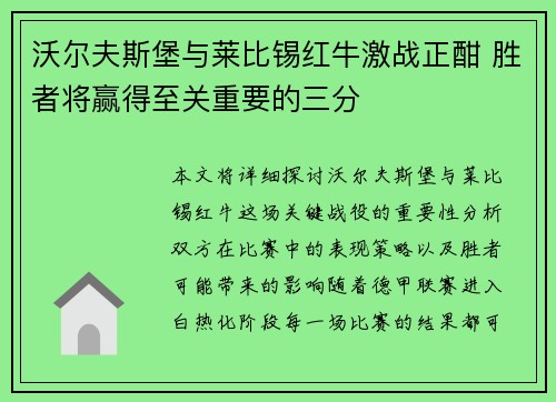 沃尔夫斯堡与莱比锡红牛激战正酣 胜者将赢得至关重要的三分