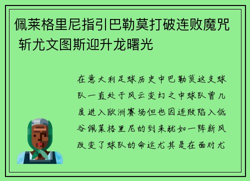 佩莱格里尼指引巴勒莫打破连败魔咒 斩尤文图斯迎升龙曙光