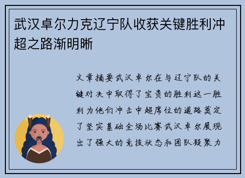 武汉卓尔力克辽宁队收获关键胜利冲超之路渐明晰