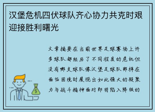汉堡危机四伏球队齐心协力共克时艰迎接胜利曙光