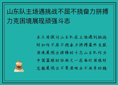 山东队主场遇挑战不屈不挠奋力拼搏力克困境展现顽强斗志